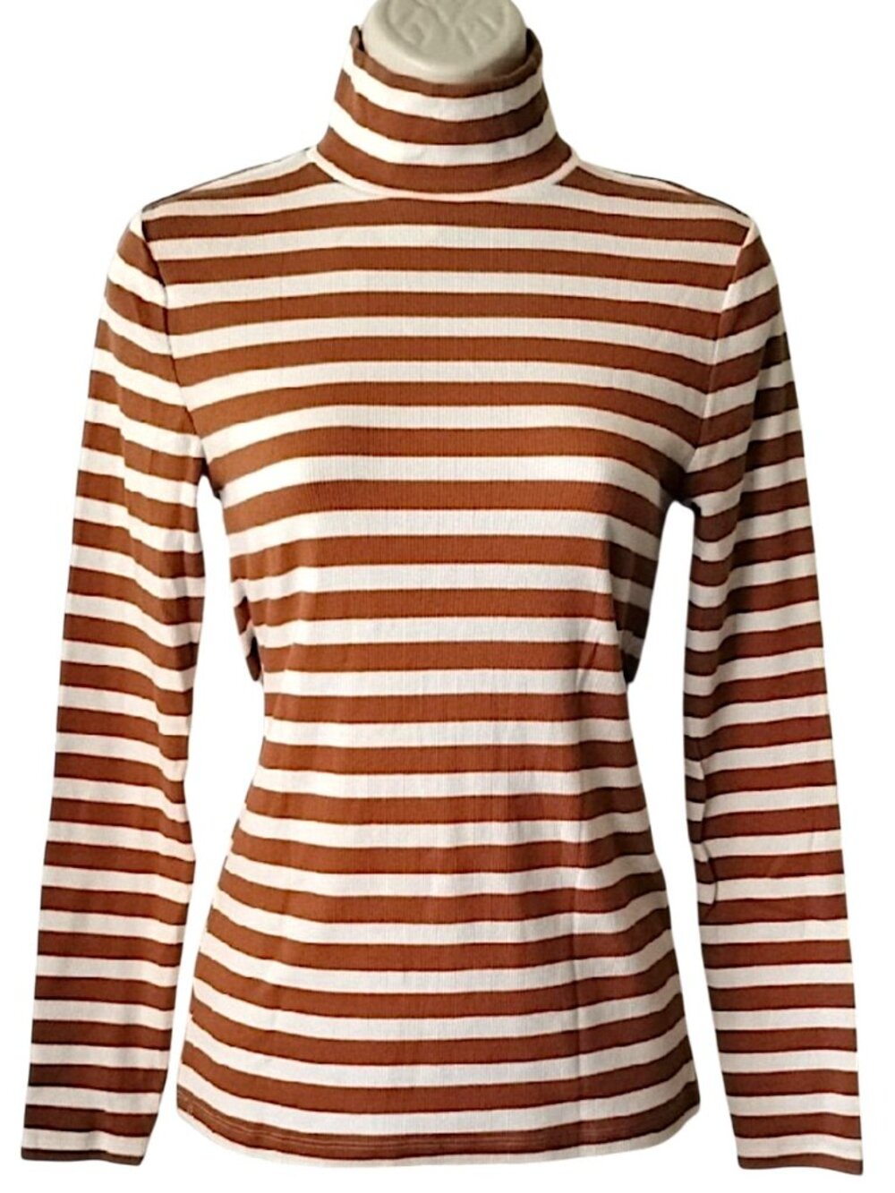NWT Loft Striped Cotton Rib Knit Lightweight Turtleneck Top XS Caramel Tan Ivory
